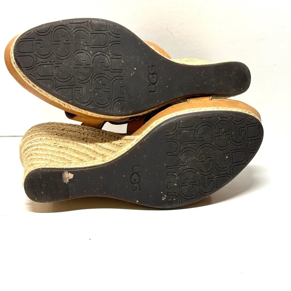 UGG Lucianna Wedge Sandals‎ Womens 9 Tan Leather Espadrille Platform Boho Summer